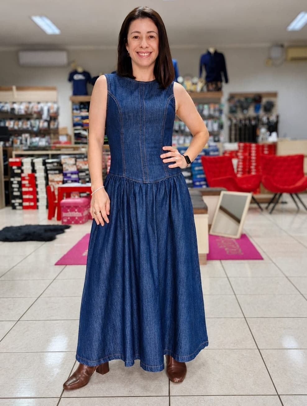 Vestido Jeans Longo Acinturado